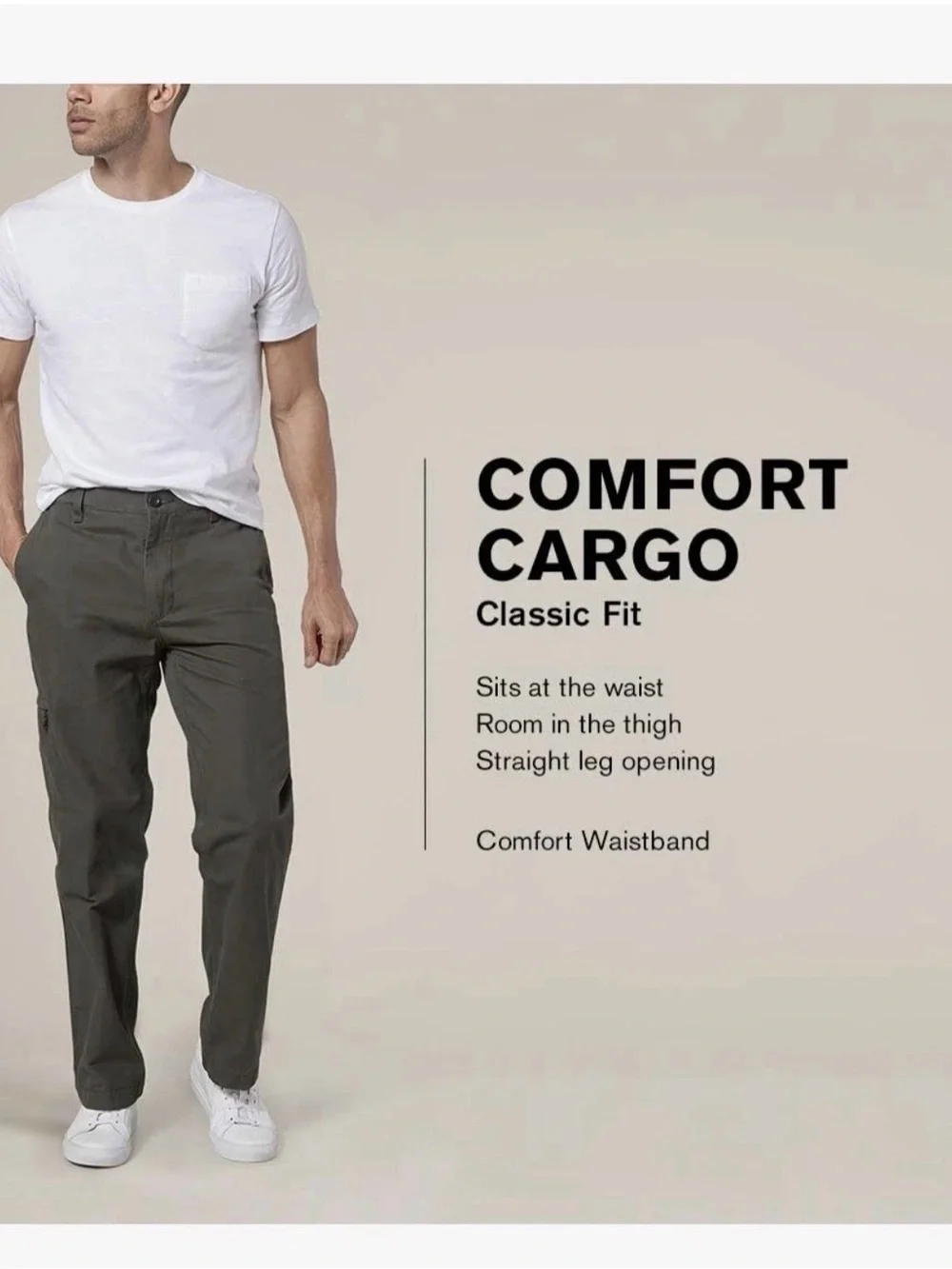 Dockers Comfort Cargo Pants Khaki Classic Fit Stretch Cotton Canvas Size 44x32